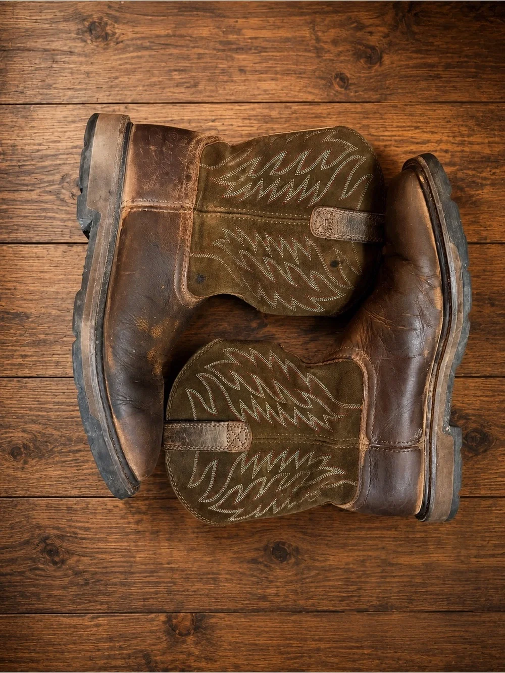 Ariat Brown Leather & Olive Pull-On Work Boots
